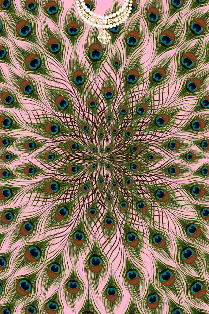 NFT : 2009 Gorgeous Indian Peacock & Jewellery as Textile Print 1 Indian peacock feather textile with Indian necklace jewellery motifs from Ibn Battuta collection, minted as NFT.